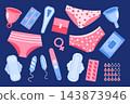 Menstrual Health and Feminine Hygiene Elements Set. Menstrual cup, tampons, panties, monthly calendar, sanitary napkin and pills. 143873946