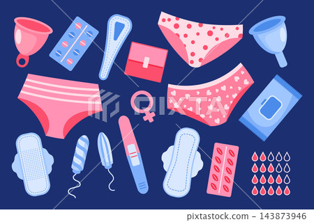 Menstrual Health and Feminine Hygiene Elements Set. Menstrual cup, tampons, panties, monthly calendar, sanitary napkin and pills. Menstrual Health and Feminine Hygiene Elements Set. Menstrual cup, tampons, panties, monthly calendar, sanitary napkin and pills. 143873946