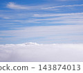 Blue sky with wispy clouds drifting over a sea of clouds. A celestial landscape. Copy space 143874013