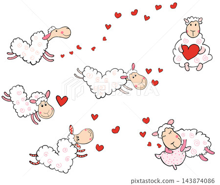 Vector set of cute flying sheep in the shape of hearts for Valentine's day designs, baby showers and greeting cards Vector set of cute flying sheep in the shape of hearts for Valentine's day designs, baby showers and greeting cards 143874086