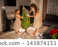 A woman cuts netting from a Christmas tree while a girl steadies its branches. Unpacking a real tree prepares the living room for New Year celebrations. 143874151