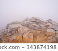 A rocky mountaintop shrouded in thick fog; an image of mountain climbing with poor visibility. 143874198