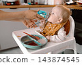 Mother hand giving water bottle to cute baby sitting in high chair during breakfast in kitchen 143874545