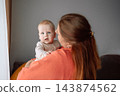 Loving mother holding cute baby boy in her arms, looking closely at him at home 143874562