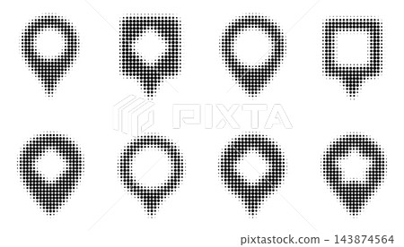 Halftone dotted map pin icon set, location and navigation marker symbol collection with fading dot pattern, vector graphic elements. Halftone dotted map pin icon set, location and navigation marker symbol collection with fading dot pattern, vector graphic elements. 143874564