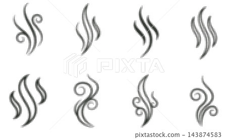 Monochrome halftone dotted smoke and steam wave set, abstract aroma and vapor swirl symbol collection, vector graphic design elements. Monochrome halftone dotted smoke and steam wave set, abstract aroma and vapor swirl symbol collection, vector graphic design elements. 143874583