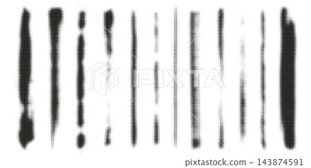 Halftone dotted vertical line stripe set, abstract grunge stroke rules with fading dot texture, vector graphic design background overlay elements. 143874591