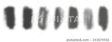 Halftone dotted vertical bar badge set, abstract geometric button frames with fading dot gradient texture, vector graphic design elements. Halftone dotted vertical bar badge set, abstract geometric button frames with fading dot gradient texture, vector graphic design elements. 143874592