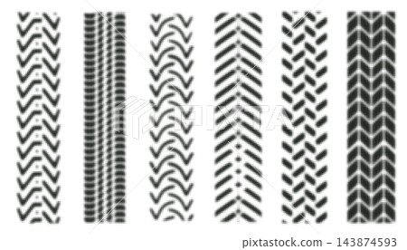 Halftone dotted tire track stripe set, abstract vehicle tread pattern collection with fading dot texture, vector graphic design elements. Halftone dotted tire track stripe set, abstract vehicle tread pattern collection with fading dot texture, vector graphic design elements. 143874593