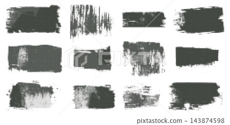 Halftone dotted grunge brush banner set, abstract rectangle background frames with fading dot texture, vector graphic design elements. Halftone dotted grunge brush banner set, abstract rectangle background frames with fading dot texture, vector graphic design elements. 143874598