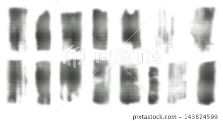 Halftone dotted vertical grunge stripe set, abstract stroke patterns with fading dot texture, vector graphic design background overlay elements. Halftone dotted vertical grunge stripe set, abstract stroke patterns with fading dot texture, vector graphic design background overlay elements. 143874599