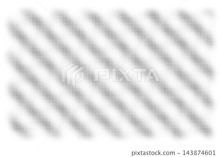 Monochrome halftone dotted diagonal stripe pattern background, abstract seamless geometric texture vector illustration overlay template. 143874601