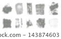 Halftone dotted geometric element set, abstract square and dot pattern collection with fading effect, vector graphic design elements. 143874603