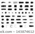 Halftone dotted button and badge shape set, abstract geometric UI frames with fading dot texture, vector graphic design elements. 143874612