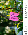 Paper note reading NO PHONE ZONE attached to leafy green plant. Suitable for digital detox, screen-free lifestyle technology 143874942