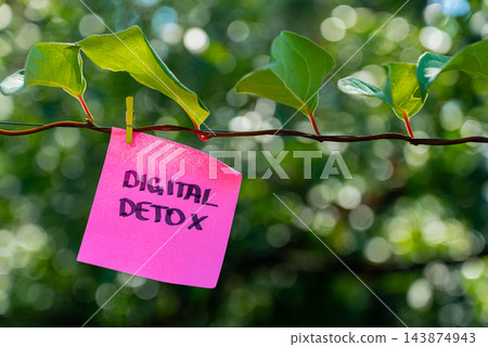 Paper note reading DIGITAL DETOX attached to leafy green plant. Suitable for digital detox, screen-free lifestyle technology Paper note reading DIGITAL DETOX attached to leafy green plant. Suitable for digital detox, screen-free lifestyle technology 143874943