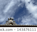 Traditional roof tiles of Toyokawa Inari Shrine against a backdrop of blue sky and clouds 143876111
