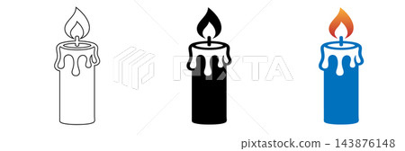 A set of three stylized candle icons featuring different visual styles including a simple line art drawing a solid black silhouette and a modern vibrant blue design icon, isolated on a Transparent bac A set of three stylized candle icons featuring different visual styles including a simple line art drawing a solid black silhouette and a modern vibrant blue design icon, isolated on a Transparent bac 143876148