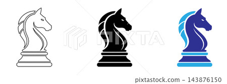 A set of three distinct chess knight icons presented in line art, solid black silhouette, and dual tone blue styles representing strategy, intelligence, and classic board games, A set of three distinct chess knight icons presented in line art, solid black silhouette, and dual tone blue styles representing strategy, intelligence, and classic board games, 143876150
