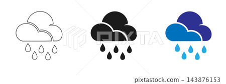A set of modern weather icons featuring a cloud with rain droplets in three different design variations including outline, solid black, and blue gradient styles., isolated on a Transparent background A set of modern weather icons featuring a cloud with rain droplets in three different design variations including outline, solid black, and blue gradient styles., isolated on a Transparent background 143876153