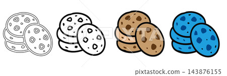 Chocolate chip cookie vector set, hand drawn biscuit illustrations in outline and color, sweet snack icons for bakery menu and food packaging on transparent background Chocolate chip cookie vector set, hand drawn biscuit illustrations in outline and color, sweet snack icons for bakery menu and food packaging on transparent background 143876155