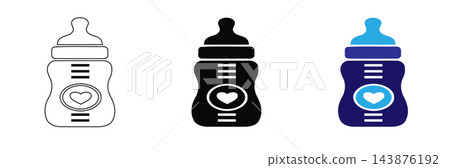 Three variations of a baby feeding bottle icon with heart symbol with distinct graphical representations measurement indicators presented bottle with illustration 143876192