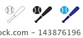 Baseball bat and ball icons in outline solid black with blue color variations against clean white background displays three distinct presented outline 143876196