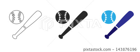 Baseball bat and ball icons in outline solid black with blue color variations against clean white background displays three distinct presented outline 143876196