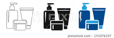 Cosmetics bottle packaging vector icons set, lotion dispenser cream jar squeeze tube symbols, beauty skincare outline and silhouette icon collection on transparent background Cosmetics bottle packaging vector icons set, lotion dispenser cream jar squeeze tube symbols, beauty skincare outline and silhouette icon collection on transparent background 143876297