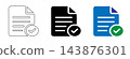 A collection of file document icons featuring a classic page design with an integrated checkmark symbol, available in outline, solid black, and colored variations. 143876301