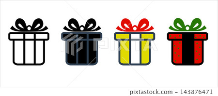 Gift box icon set with polka dot pattern, colorful present boxes with ribbons, minimalist birthday surprise vector illustrations for celebration 143876471