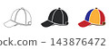 Baseball cap icon set with outline, black and colorful sports hat designs, isolated vector symbols for fashion, apparel, clothing, team merchandise and casual wear 143876472