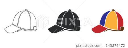 Baseball cap icon set with outline, black and colorful sports hat designs, isolated vector symbols for fashion, apparel, clothing, team merchandise and casual wear Baseball cap icon set with outline, black and colorful sports hat designs, isolated vector symbols for fashion, apparel, clothing, team merchandise and casual wear 143876472