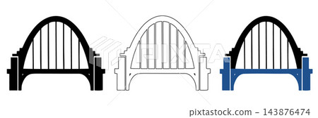 Modern arch bridge icons, set of 3 minimalist bridge silhouettes, architectural steel bridge vector illustrations for urban infrastructure design Modern arch bridge icons, set of 3 minimalist bridge silhouettes, architectural steel bridge vector illustrations for urban infrastructure design 143876474