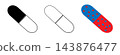 Medical capsule pill vector icons, pharmaceutical drug supplements in black and white line art, red and blue antibiotic medicine tablets for healthcare 143876477