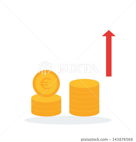 Euro coin and growing coin stacks with up arrow, rising costs 143876568