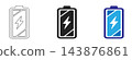 A series of three distinct battery charging icons displaying different visual styles including a simple outline version and a solid colored design for digital interfaces 143876861