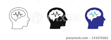 Set of three minimal human head silhouettes featuring brain icons with neural activity waves representing mental health, neuroscience research, a., isolated on a Transparent background Set of three minimal human head silhouettes featuring brain icons with neural activity waves representing mental health, neuroscience research, a., isolated on a Transparent background 143876862