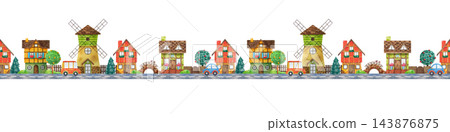 Houses, trees, fences, windmill, car, bridge. Seamless pattern, seamless border. Watercolor illustration on white background. Print for poster, dishes, toy, clothes, game, wall sticker. Interior decor 143876875