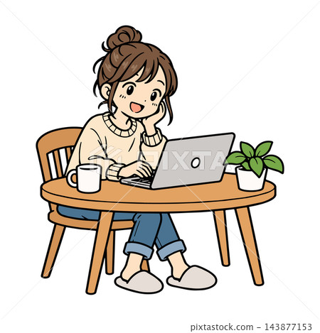 An illustration of a woman working at home using a laptop. An illustration of a woman working at home using a laptop. 143877153