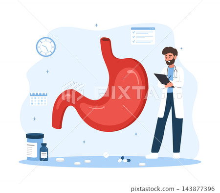Gastroenterologist concept. Doctor analysis stomach disorder. Internal organ scan. Patient consultation and treatment. Flat vector illustration Gastroenterologist concept. Doctor analysis stomach disorder. Internal organ scan. Patient consultation and treatment. Flat vector illustration 143877396