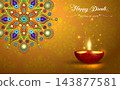 Happy Diwali Festival of Lights India Celebration colorful template. Graphic banner design of burning Indian Diya Oil Lamp, colorful mandala rangoli design. Vector festive yellow background 143877581