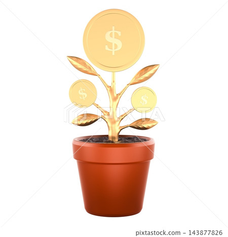 Golden money tree with dollar coins growing in terracotta pot. 3D rendering 143877826
