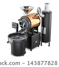 Industrial coffee roasting machine with copper drum, cooling tray and exhaust system. 3D rendering 143877828