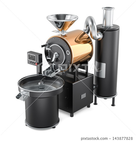 Industrial coffee roasting machine with copper drum, cooling tray and exhaust system. 3D rendering Industrial coffee roasting machine with copper drum, cooling tray and exhaust system. 3D rendering 143877828