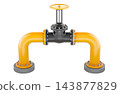Industrial gas pipeline with manual shutoff valve and yellow flanged pipes. 3D rendering 143877829