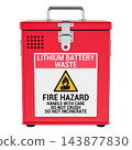 Lithium battery waste container with fire hazard warning label and locking lid. 3D rendering 143877830