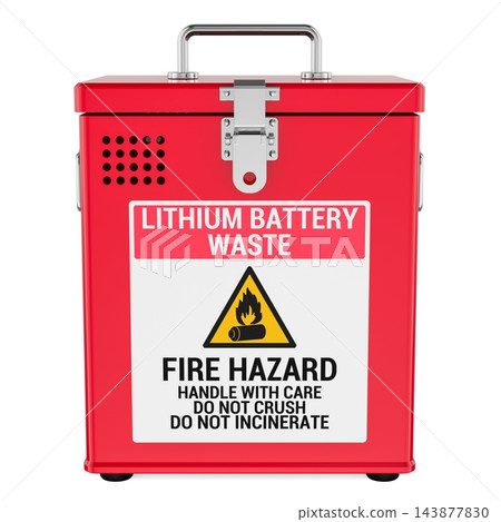 Lithium battery waste container with fire hazard warning label and locking lid. 3D rendering Lithium battery waste container with fire hazard warning label and locking lid. 3D rendering 143877830