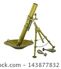 Military mortar with bipod support, base plate and two mortar shells. 3D rendering 143877832