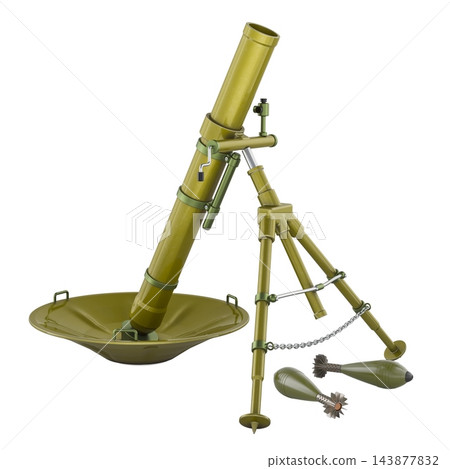 Military mortar with bipod support, base plate and two mortar shells. 3D rendering Military mortar with bipod support, base plate and two mortar shells. 3D rendering 143877832